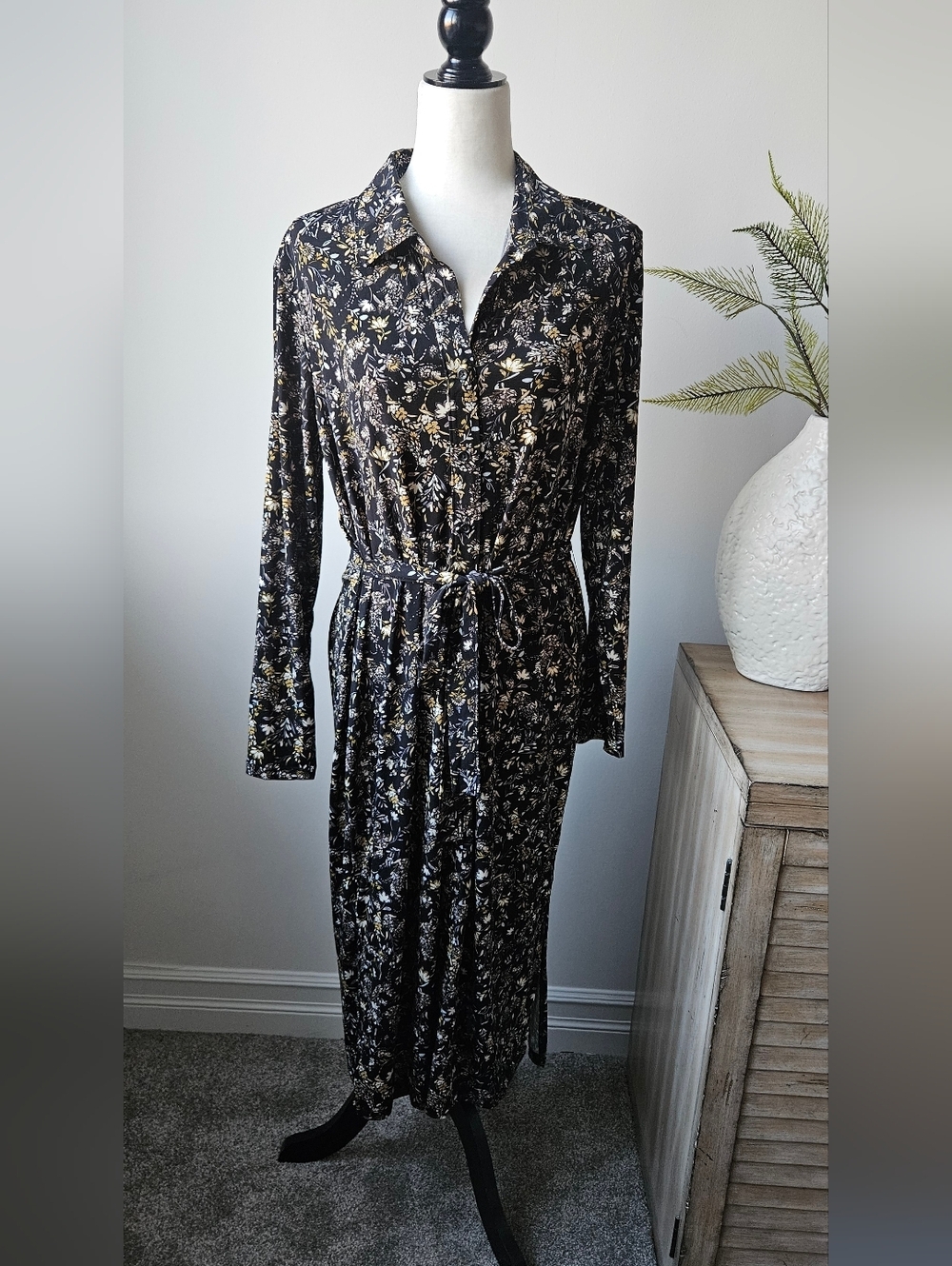 Joe Fresh Black Floral Long-Sleeve Midi Shirt Dress